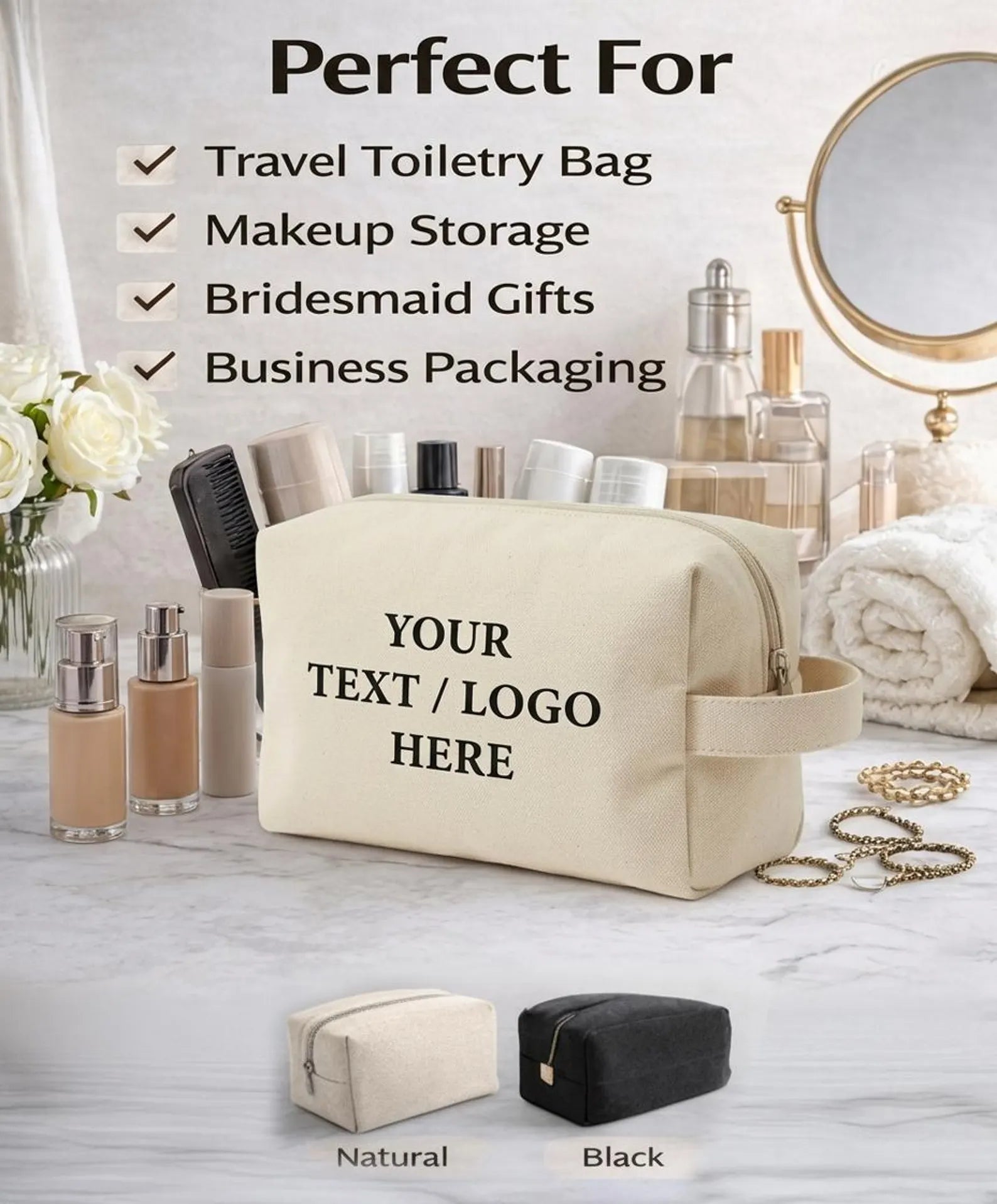 Custom Canvas Toiletry Bags, Personalized Logo Makeup Pouch, Bridesmaid Bachelorette Favor Travel Bag
