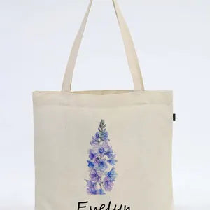 Birth Flower Personalized Cotton Canvas Tote Bag, Custom Name Gift