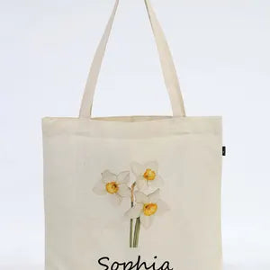 Birth Flower Personalized Cotton Canvas Tote Bag, Custom Name Gift