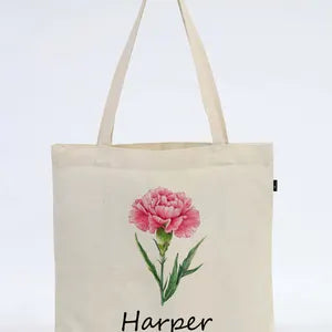 Birth Flower Personalized Cotton Canvas Tote Bag, Custom Name Gift