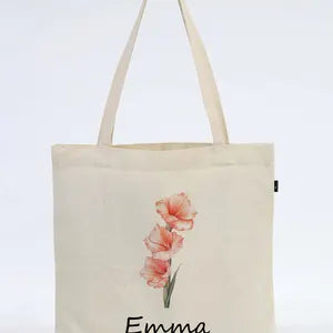 Birth Flower Personalized Cotton Canvas Tote Bag, Custom Name Gift