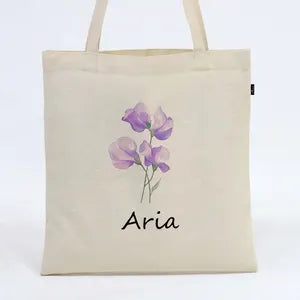 Birth Flower Personalized Cotton Canvas Tote Bag, Custom Name Gift