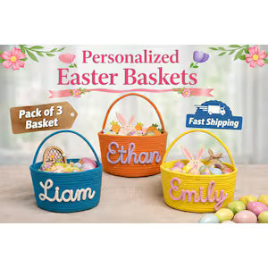 Personalized Easter Baskets | Custom Name Bunny Basket | Kids Easter Egg Hunt Basket | Reusable Cotton Easter Basket Set of 3