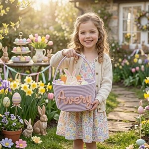 Personalized Easter Baskets | Custom Name Bunny Basket | Kids Easter Egg Hunt Basket | Reusable Cotton Easter Basket Set of 3