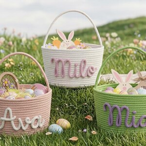 Personalized Easter Baskets | Custom Name Bunny Basket | Kids Easter Egg Hunt Basket | Reusable Cotton Easter Basket Set of 3