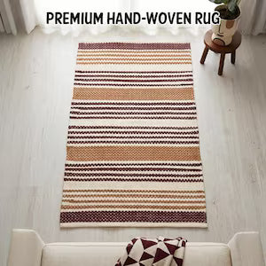 Hand-Woven Boho Striped Wool Cotton Runner Rug | Modern Minimalist Hallway Kitchen Decor