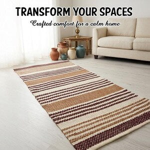Hand-Woven Boho Striped Wool Cotton Runner Rug | Modern Minimalist Hallway Kitchen Decor