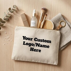 Custom Canvas Makeup Bag Personalized | Bridesmaid Gift | Bachelorette Party Favor | Zipper Pouch | Name Logo Print | Wedding Gift