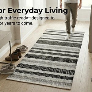 Hand-Woven Boho Striped Wool Cotton Runner Rug | Modern Minimalist Hallway Kitchen Decor