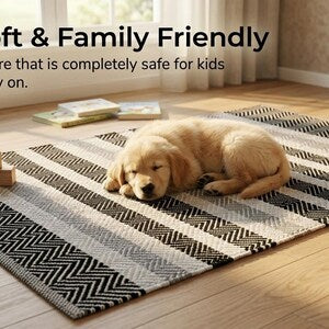 Hand-Woven Boho Striped Wool Cotton Runner Rug | Modern Minimalist Hallway Kitchen Decor
